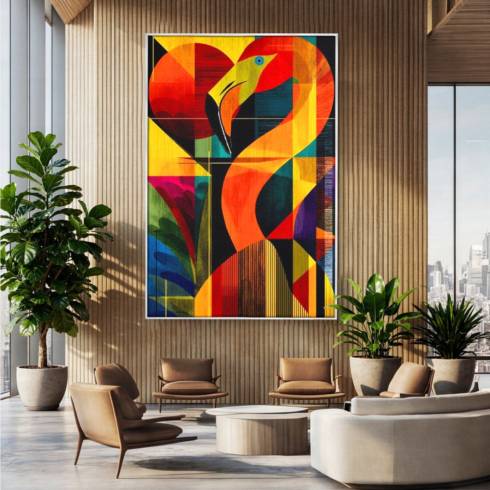 Tablou Canvas Premium, LuxCanva® M1095, Oglinda Tropicala, Flamingo, Abstract, Cubism, Tropical, Geometrie, Caleidoscop, Expresionism, Pigment, Birou, Living, Camera Copil