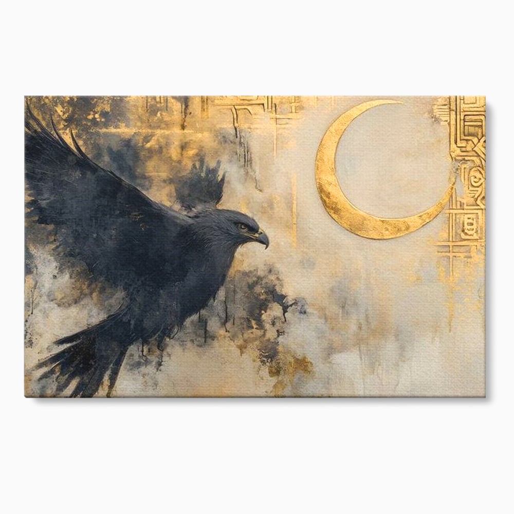 Leinwand Wandkunst Canvas Wall Art Premium, LuxCanva® M1097, Schatten des Halbmondes, Olive, Halbmond, Golden, Antike, Symbole, Nebel, Nebel, Rauch, Geheimnis, Mysterium, Penumbra, Ritual, Hieratisch, Büro, Wohnen, Kinderzimmer