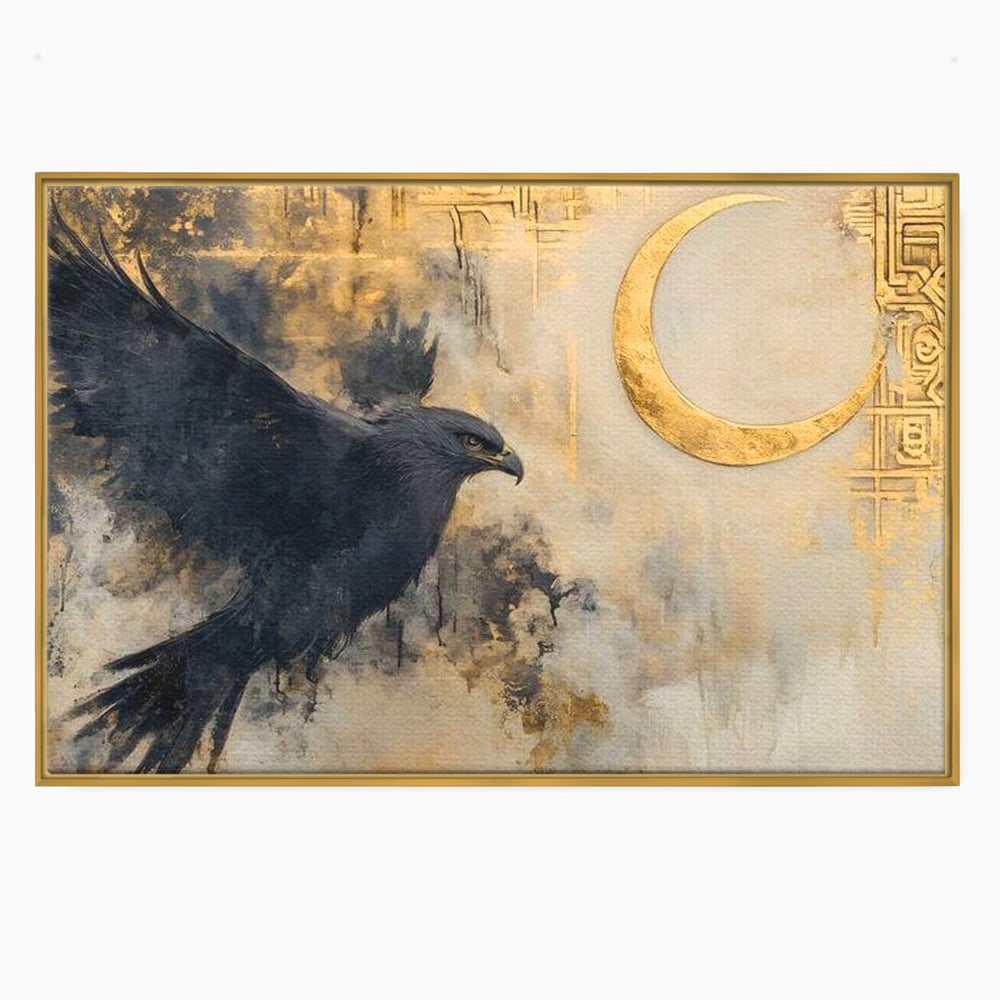 Leinwand Wandkunst Canvas Wall Art Premium, LuxCanva® M1097, Schatten des Halbmondes, Olive, Halbmond, Golden, Antike, Symbole, Nebel, Nebel, Rauch, Geheimnis, Mysterium, Penumbra, Ritual, Hieratisch, Büro, Wohnen, Kinderzimmer