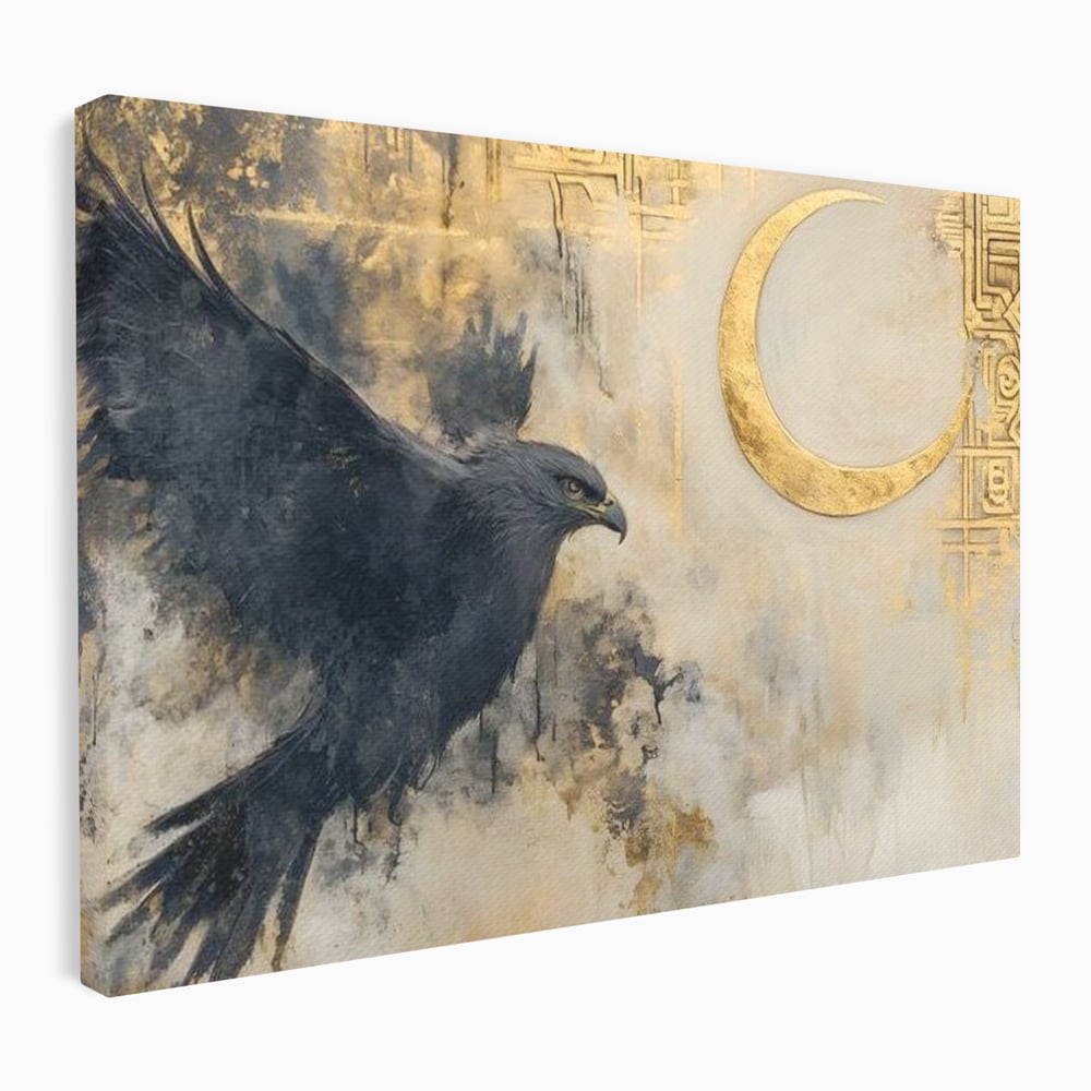 Leinwand Wandkunst Canvas Wall Art Premium, LuxCanva® M1097, Schatten des Halbmondes, Olive, Halbmond, Golden, Antike, Symbole, Nebel, Nebel, Rauch, Geheimnis, Mysterium, Penumbra, Ritual, Hieratisch, Büro, Wohnen, Kinderzimmer