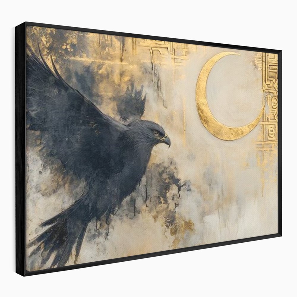 Leinwand Wandkunst Canvas Wall Art Premium, LuxCanva® M1097, Schatten des Halbmondes, Olive, Halbmond, Golden, Antike, Symbole, Nebel, Nebel, Rauch, Geheimnis, Mysterium, Penumbra, Ritual, Hieratisch, Büro, Wohnen, Kinderzimmer