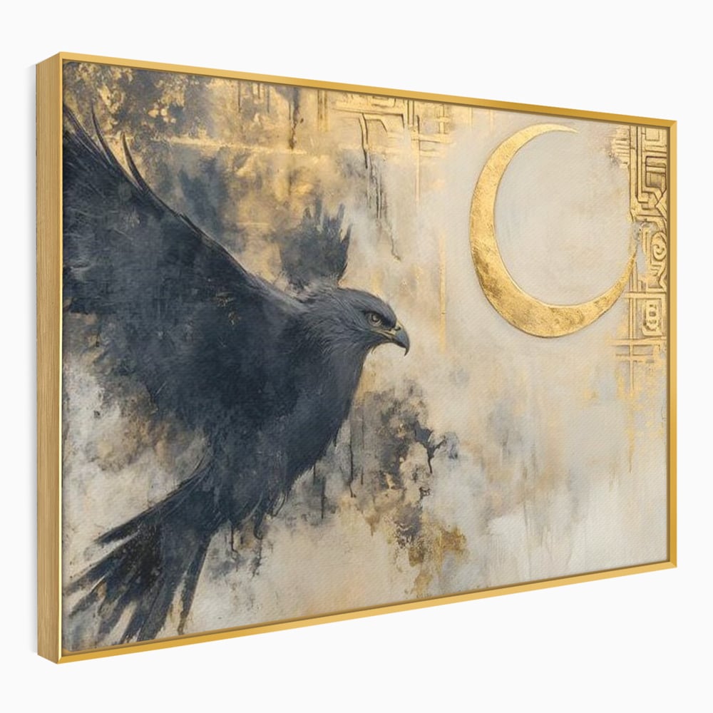 Leinwand Wandkunst Canvas Wall Art Premium, LuxCanva® M1097, Schatten des Halbmondes, Olive, Halbmond, Golden, Antike, Symbole, Nebel, Nebel, Rauch, Geheimnis, Mysterium, Penumbra, Ritual, Hieratisch, Büro, Wohnen, Kinderzimmer