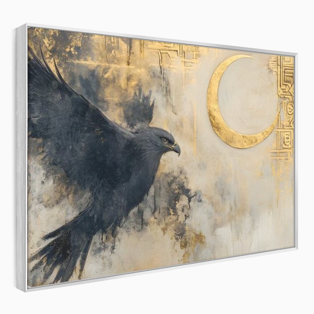 Leinwand Wandkunst Canvas Wall Art Premium, LuxCanva® M1097, Schatten des Halbmondes, Olive, Halbmond, Golden, Antike, Symbole, Nebel, Nebel, Rauch, Geheimnis, Mysterium, Penumbra, Ritual, Hieratisch, Büro, Wohnen, Kinderzimmer