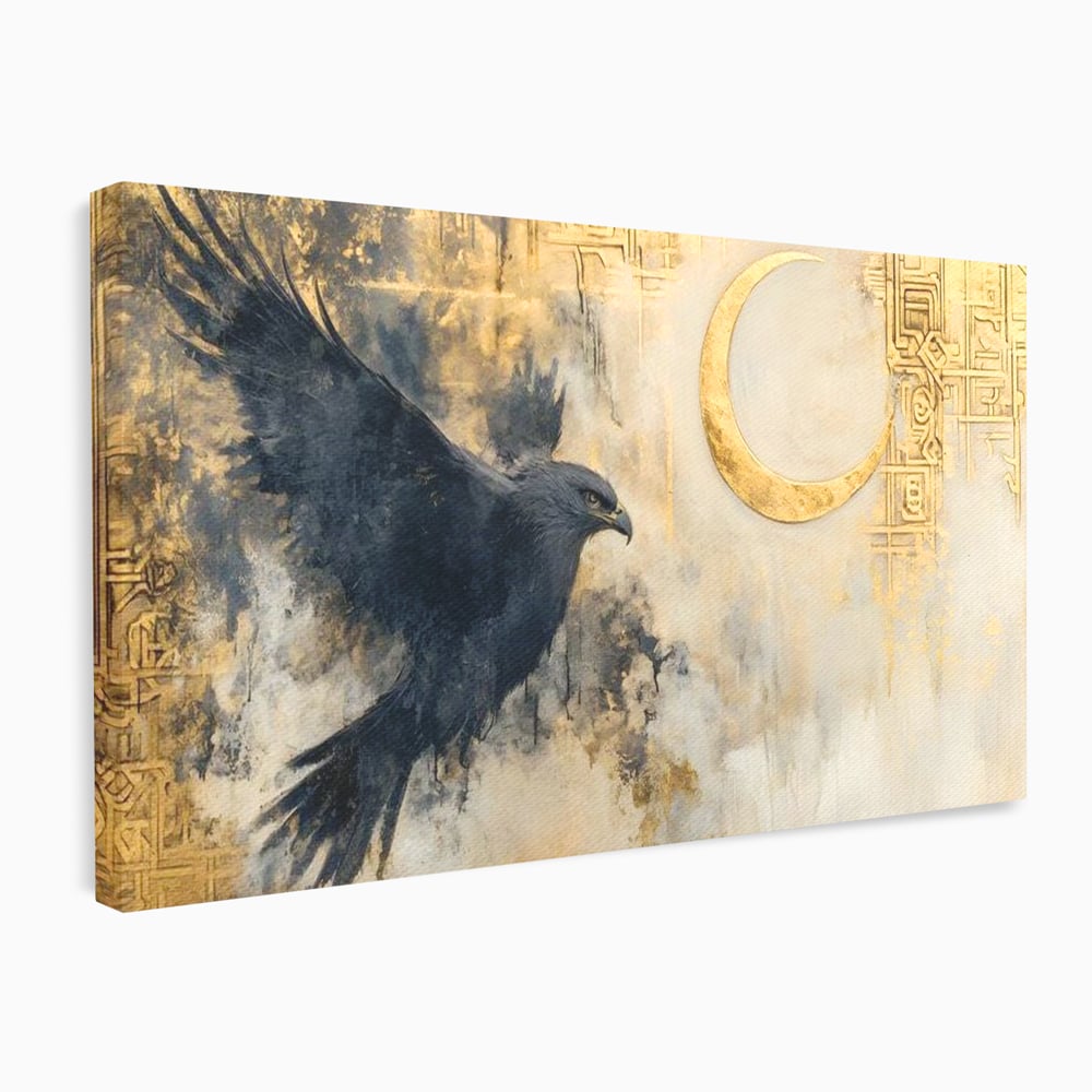 Leinwand Wandkunst Canvas Wall Art Premium, LuxCanva® M1097, Schatten des Halbmondes, Olive, Halbmond, Golden, Antike, Symbole, Nebel, Nebel, Rauch, Geheimnis, Mysterium, Penumbra, Ritual, Hieratisch, Büro, Wohnen, Kinderzimmer