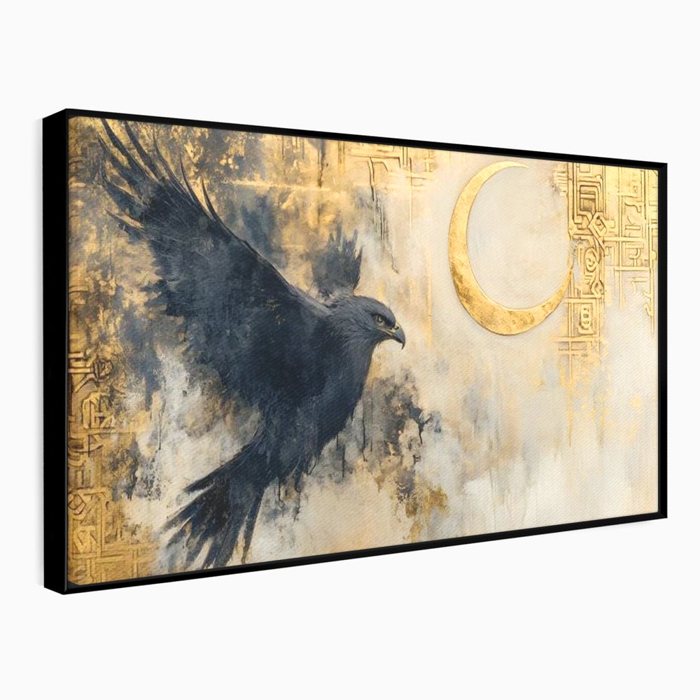 Leinwand Wandkunst Canvas Wall Art Premium, LuxCanva® M1097, Schatten des Halbmondes, Olive, Halbmond, Golden, Antike, Symbole, Nebel, Nebel, Rauch, Geheimnis, Mysterium, Penumbra, Ritual, Hieratisch, Büro, Wohnen, Kinderzimmer