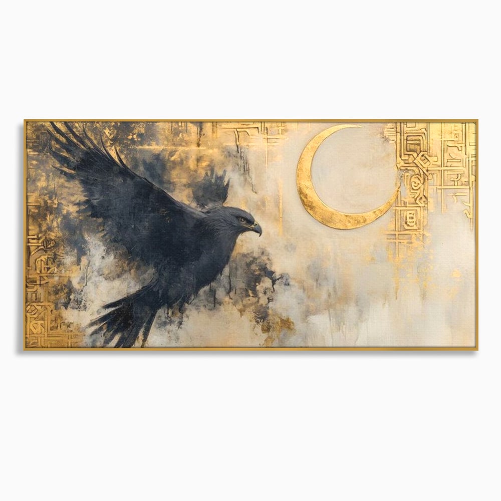 Leinwand Wandkunst Canvas Wall Art Premium, LuxCanva® M1097, Schatten des Halbmondes, Olive, Halbmond, Golden, Antike, Symbole, Nebel, Nebel, Rauch, Geheimnis, Mysterium, Penumbra, Ritual, Hieratisch, Büro, Wohnen, Kinderzimmer