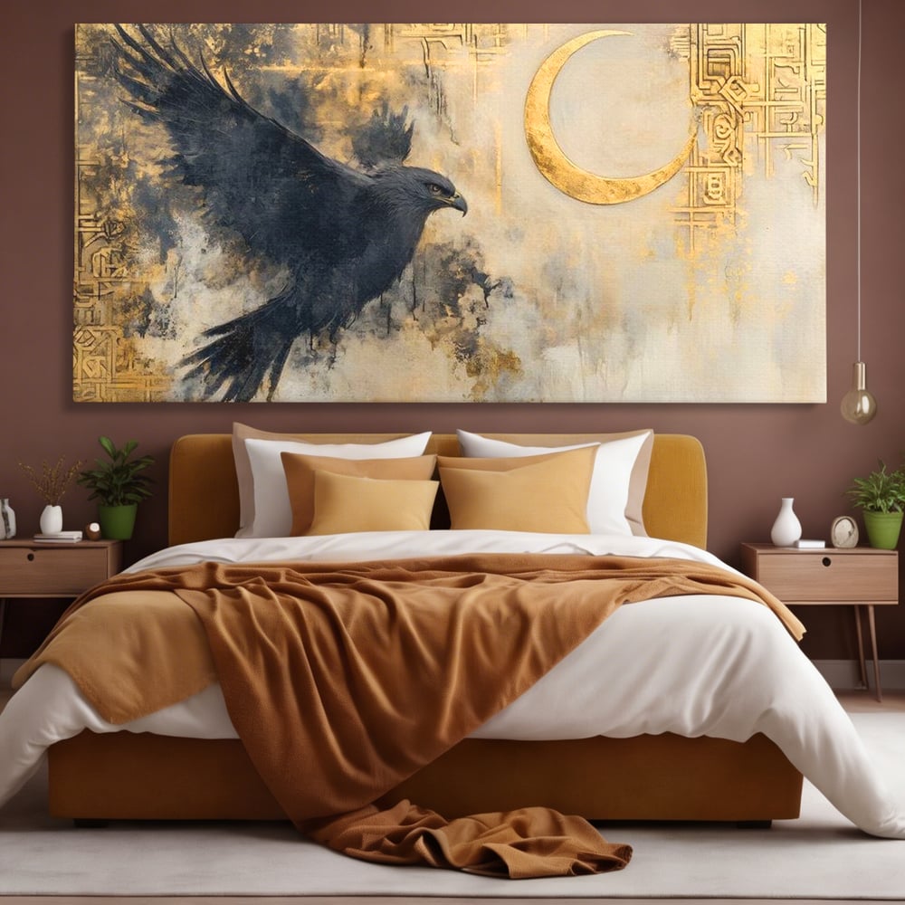 Leinwand Wandkunst Canvas Wall Art Premium, LuxCanva® M1097, Schatten des Halbmondes, Olive, Halbmond, Golden, Antike, Symbole, Nebel, Nebel, Rauch, Geheimnis, Mysterium, Penumbra, Ritual, Hieratisch, Büro, Wohnen, Kinderzimmer