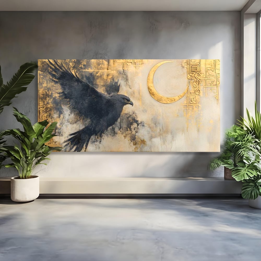 Leinwand Wandkunst Canvas Wall Art Premium, LuxCanva® M1097, Schatten des Halbmondes, Olive, Halbmond, Golden, Antike, Symbole, Nebel, Nebel, Rauch, Geheimnis, Mysterium, Penumbra, Ritual, Hieratisch, Büro, Wohnen, Kinderzimmer
