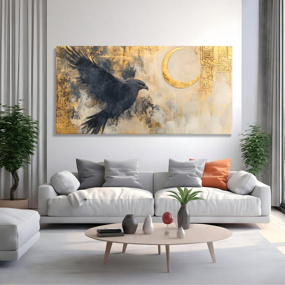 Leinwand Wandkunst Canvas Wall Art Premium, LuxCanva® M1097, Schatten des Halbmondes, Olive, Halbmond, Golden, Antike, Symbole, Nebel, Nebel, Rauch, Geheimnis, Mysterium, Penumbra, Ritual, Hieratisch, Büro, Wohnen, Kinderzimmer
