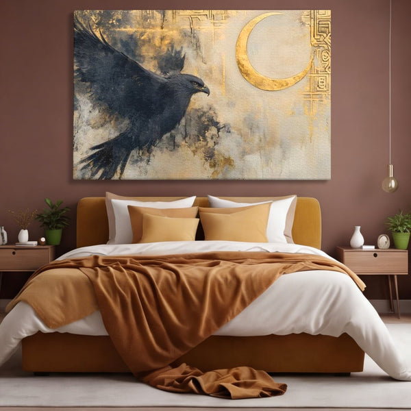 Leinwand Wandkunst Canvas Wall Art Premium, LuxCanva® M1097, Schatten des Halbmondes, Olive, Halbmond, Golden, Antike, Symbole, Nebel, Nebel, Rauch, Geheimnis, Mysterium, Penumbra, Ritual, Hieratisch, Büro, Wohnen, Kinderzimmer