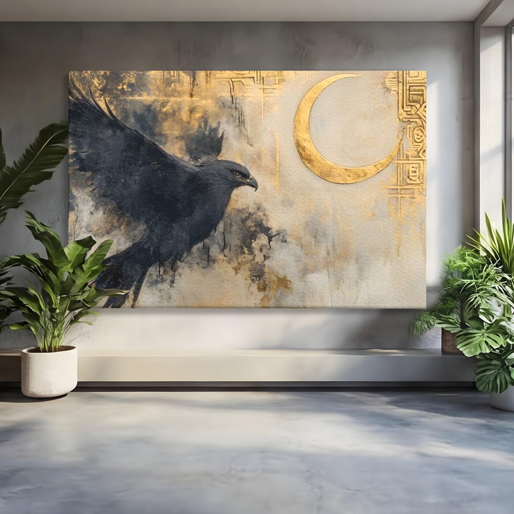Leinwand Wandkunst Canvas Wall Art Premium, LuxCanva® M1097, Schatten des Halbmondes, Olive, Halbmond, Golden, Antike, Symbole, Nebel, Nebel, Rauch, Geheimnis, Mysterium, Penumbra, Ritual, Hieratisch, Büro, Wohnen, Kinderzimmer
