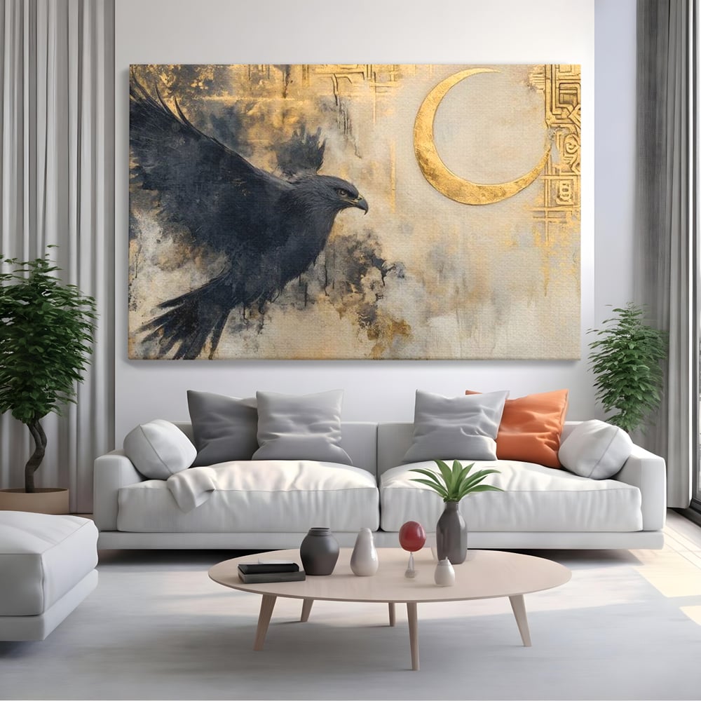 Leinwand Wandkunst Canvas Wall Art Premium, LuxCanva® M1097, Schatten des Halbmondes, Olive, Halbmond, Golden, Antike, Symbole, Nebel, Nebel, Rauch, Geheimnis, Mysterium, Penumbra, Ritual, Hieratisch, Büro, Wohnen, Kinderzimmer