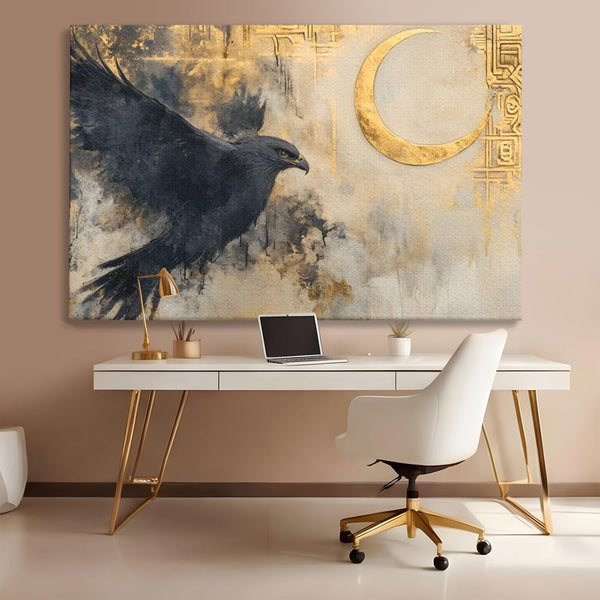 Leinwand Wandkunst Canvas Wall Art Premium, LuxCanva® M1097, Schatten des Halbmondes, Olive, Halbmond, Golden, Antike, Symbole, Nebel, Nebel, Rauch, Geheimnis, Mysterium, Penumbra, Ritual, Hieratisch, Büro, Wohnen, Kinderzimmer