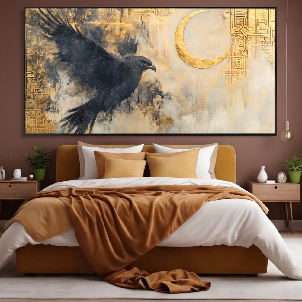 Leinwand Wandkunst Canvas Wall Art Premium, LuxCanva® M1097, Schatten des Halbmondes, Olive, Halbmond, Golden, Antike, Symbole, Nebel, Nebel, Rauch, Geheimnis, Mysterium, Penumbra, Ritual, Hieratisch, Büro, Wohnen, Kinderzimmer