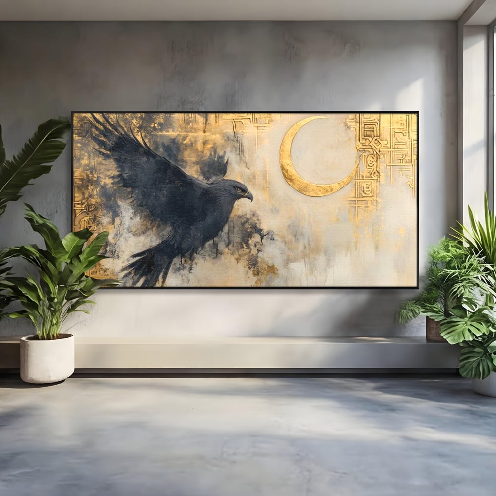 Leinwand Wandkunst Canvas Wall Art Premium, LuxCanva® M1097, Schatten des Halbmondes, Olive, Halbmond, Golden, Antike, Symbole, Nebel, Nebel, Rauch, Geheimnis, Mysterium, Penumbra, Ritual, Hieratisch, Büro, Wohnen, Kinderzimmer