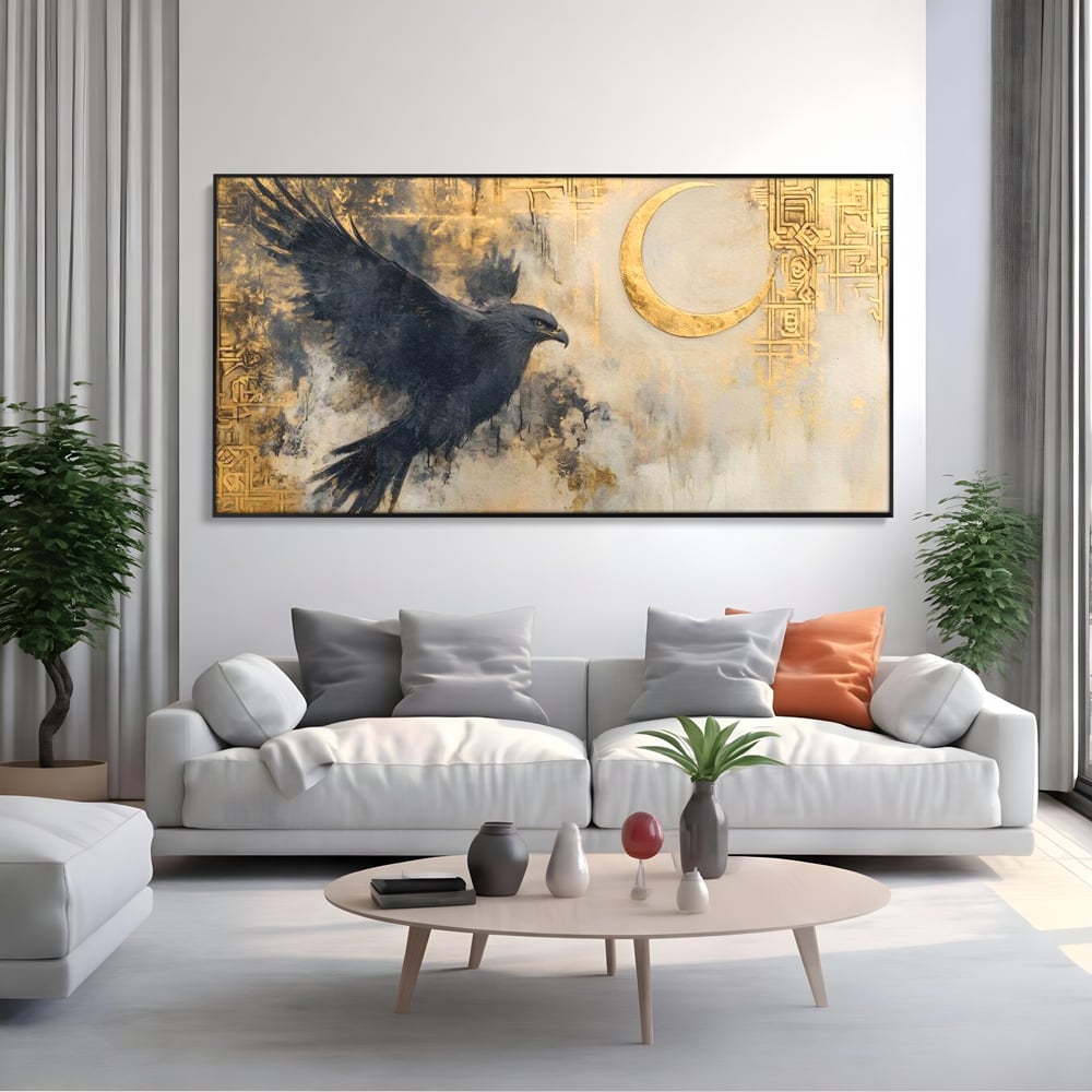 Leinwand Wandkunst Canvas Wall Art Premium, LuxCanva® M1097, Schatten des Halbmondes, Olive, Halbmond, Golden, Antike, Symbole, Nebel, Nebel, Rauch, Geheimnis, Mysterium, Penumbra, Ritual, Hieratisch, Büro, Wohnen, Kinderzimmer