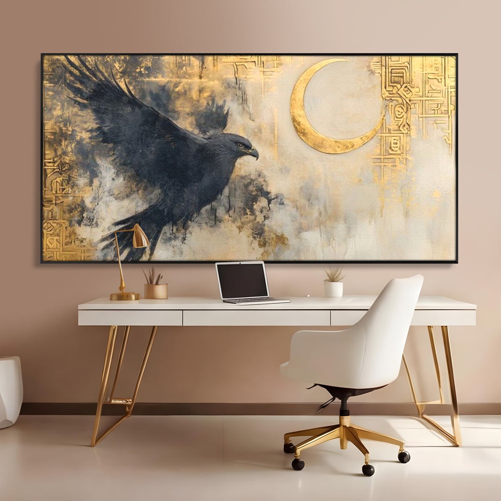 Leinwand Wandkunst Canvas Wall Art Premium, LuxCanva® M1097, Schatten des Halbmondes, Olive, Halbmond, Golden, Antike, Symbole, Nebel, Nebel, Rauch, Geheimnis, Mysterium, Penumbra, Ritual, Hieratisch, Büro, Wohnen, Kinderzimmer