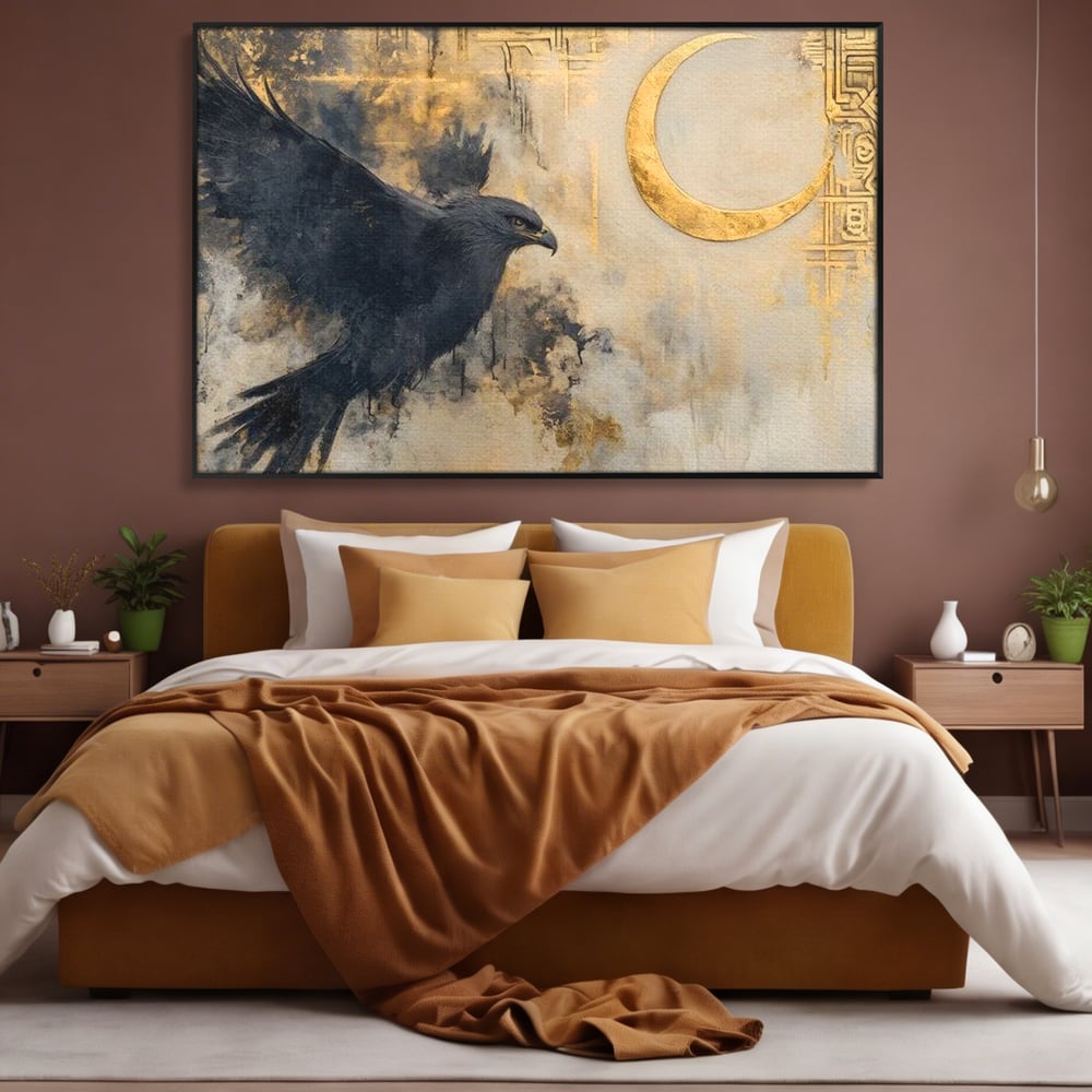 Leinwand Wandkunst Canvas Wall Art Premium, LuxCanva® M1097, Schatten des Halbmondes, Olive, Halbmond, Golden, Antike, Symbole, Nebel, Nebel, Rauch, Geheimnis, Mysterium, Penumbra, Ritual, Hieratisch, Büro, Wohnen, Kinderzimmer