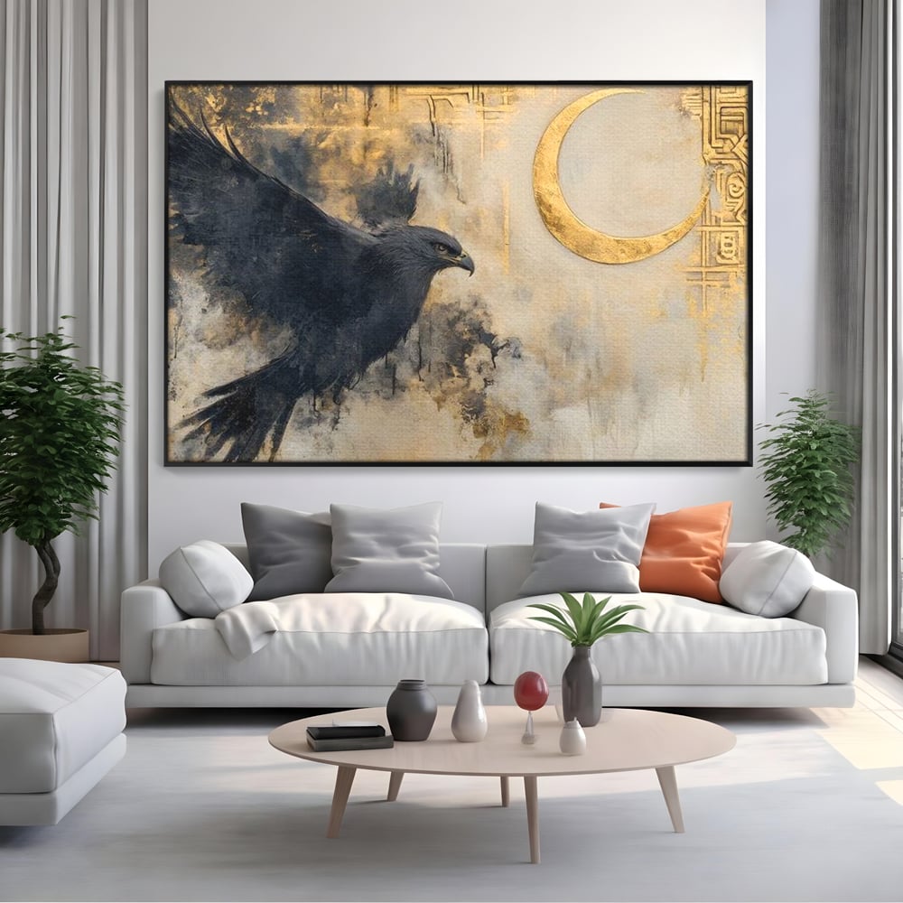 Leinwand Wandkunst Canvas Wall Art Premium, LuxCanva® M1097, Schatten des Halbmondes, Olive, Halbmond, Golden, Antike, Symbole, Nebel, Nebel, Rauch, Geheimnis, Mysterium, Penumbra, Ritual, Hieratisch, Büro, Wohnen, Kinderzimmer