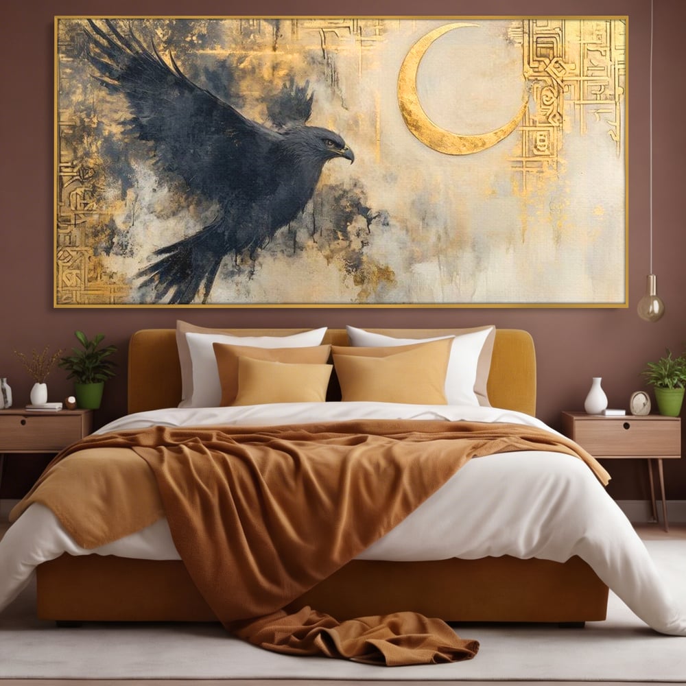Leinwand Wandkunst Canvas Wall Art Premium, LuxCanva® M1097, Schatten des Halbmondes, Olive, Halbmond, Golden, Antike, Symbole, Nebel, Nebel, Rauch, Geheimnis, Mysterium, Penumbra, Ritual, Hieratisch, Büro, Wohnen, Kinderzimmer