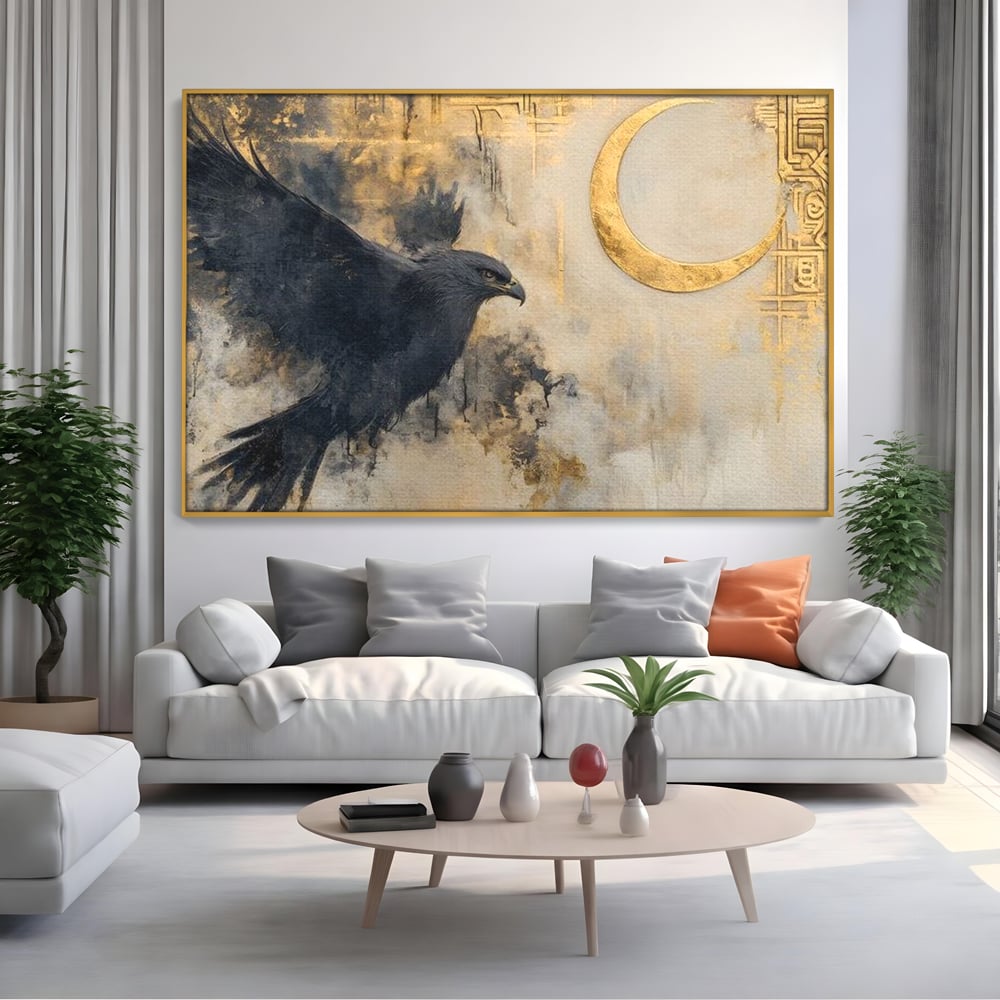 Leinwand Wandkunst Canvas Wall Art Premium, LuxCanva® M1097, Schatten des Halbmondes, Olive, Halbmond, Golden, Antike, Symbole, Nebel, Nebel, Rauch, Geheimnis, Mysterium, Penumbra, Ritual, Hieratisch, Büro, Wohnen, Kinderzimmer