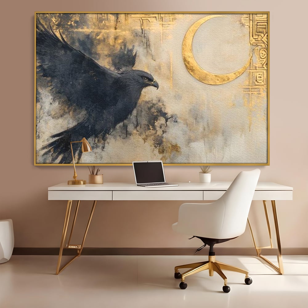 Leinwand Wandkunst Canvas Wall Art Premium, LuxCanva® M1097, Schatten des Halbmondes, Olive, Halbmond, Golden, Antike, Symbole, Nebel, Nebel, Rauch, Geheimnis, Mysterium, Penumbra, Ritual, Hieratisch, Büro, Wohnen, Kinderzimmer