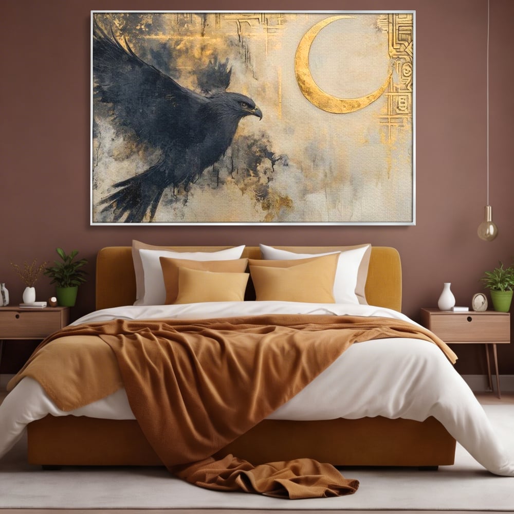 Leinwand Wandkunst Canvas Wall Art Premium, LuxCanva® M1097, Schatten des Halbmondes, Olive, Halbmond, Golden, Antike, Symbole, Nebel, Nebel, Rauch, Geheimnis, Mysterium, Penumbra, Ritual, Hieratisch, Büro, Wohnen, Kinderzimmer