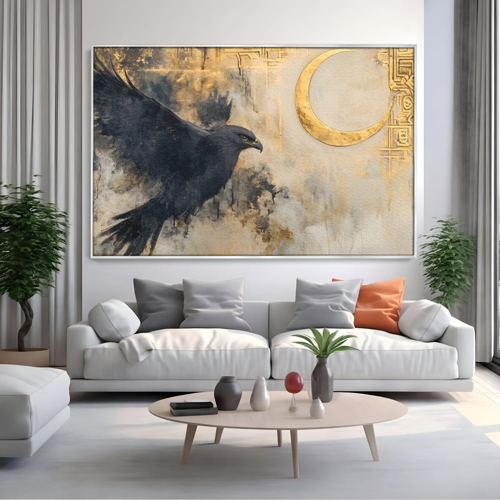 Leinwand Wandkunst Canvas Wall Art Premium, LuxCanva® M1097, Schatten des Halbmondes, Olive, Halbmond, Golden, Antike, Symbole, Nebel, Nebel, Rauch, Geheimnis, Mysterium, Penumbra, Ritual, Hieratisch, Büro, Wohnen, Kinderzimmer