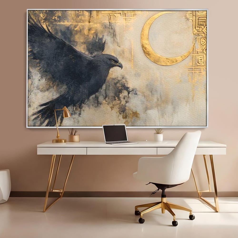 Leinwand Wandkunst Canvas Wall Art Premium, LuxCanva® M1097, Schatten des Halbmondes, Olive, Halbmond, Golden, Antike, Symbole, Nebel, Nebel, Rauch, Geheimnis, Mysterium, Penumbra, Ritual, Hieratisch, Büro, Wohnen, Kinderzimmer