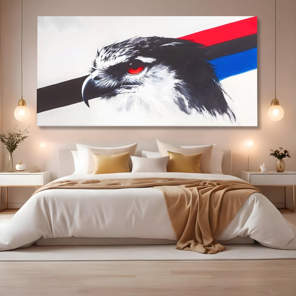 Tablou Canvas Premium, LuxCanva® M1098, Instinct Rosu, Vultur, Zbor, Ochi, Grafic, Modern, Privire, Linie, Design, Curaj, Intens, Contrast, Pasare, Birou, Living, Camera Copil