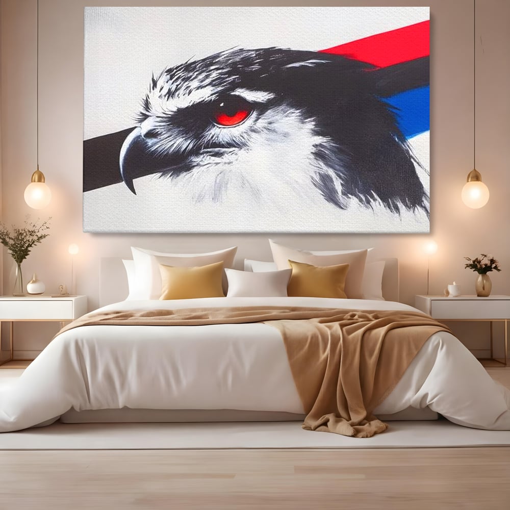 Tablou Canvas Premium, LuxCanva® M1098, Instinct Rosu, Vultur, Zbor, Ochi, Grafic, Modern, Privire, Linie, Design, Curaj, Intens, Contrast, Pasare, Birou, Living, Camera Copil