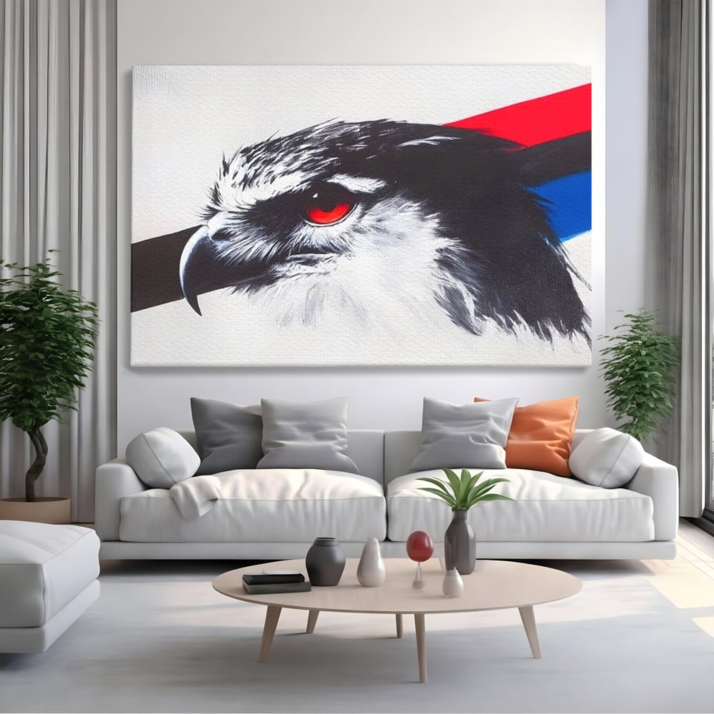 Tablou Canvas Premium, LuxCanva® M1098, Instinct Rosu, Vultur, Zbor, Ochi, Grafic, Modern, Privire, Linie, Design, Curaj, Intens, Contrast, Pasare, Birou, Living, Camera Copil