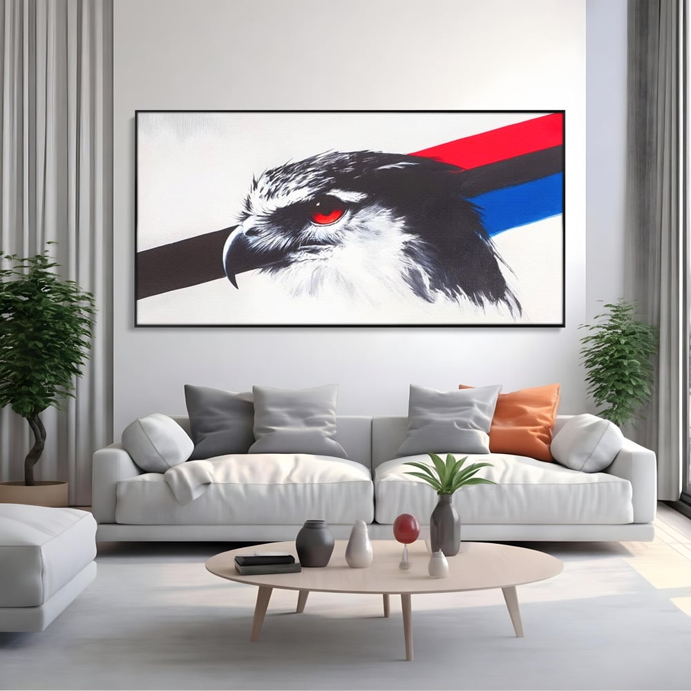 Tablou Canvas Premium, LuxCanva® M1098, Instinct Rosu, Vultur, Zbor, Ochi, Grafic, Modern, Privire, Linie, Design, Curaj, Intens, Contrast, Pasare, Birou, Living, Camera Copil