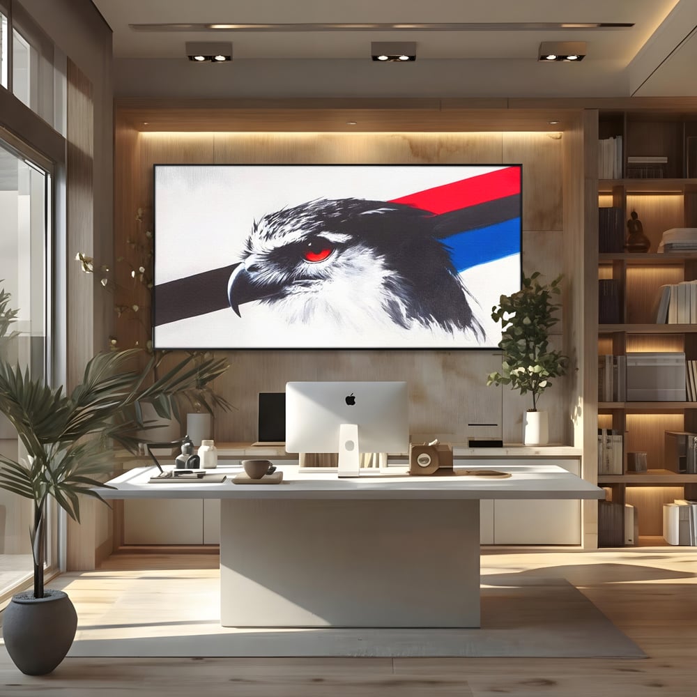 Tablou Canvas Premium, LuxCanva® M1098, Instinct Rosu, Vultur, Zbor, Ochi, Grafic, Modern, Privire, Linie, Design, Curaj, Intens, Contrast, Pasare, Birou, Living, Camera Copil