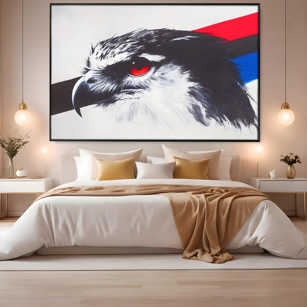 Tablou Canvas Premium, LuxCanva® M1098, Instinct Rosu, Vultur, Zbor, Ochi, Grafic, Modern, Privire, Linie, Design, Curaj, Intens, Contrast, Pasare, Birou, Living, Camera Copil