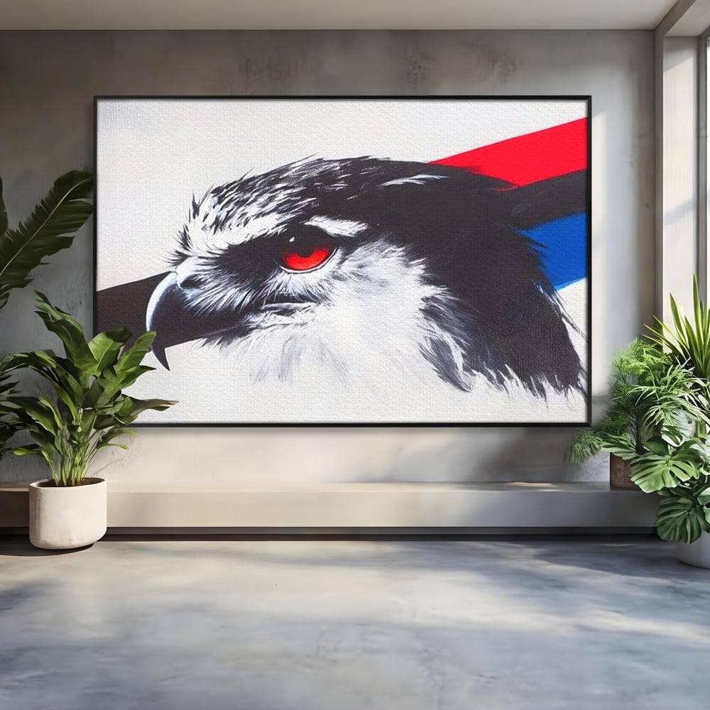 Tablou Canvas Premium, LuxCanva® M1098, Instinct Rosu, Vultur, Zbor, Ochi, Grafic, Modern, Privire, Linie, Design, Curaj, Intens, Contrast, Pasare, Birou, Living, Camera Copil