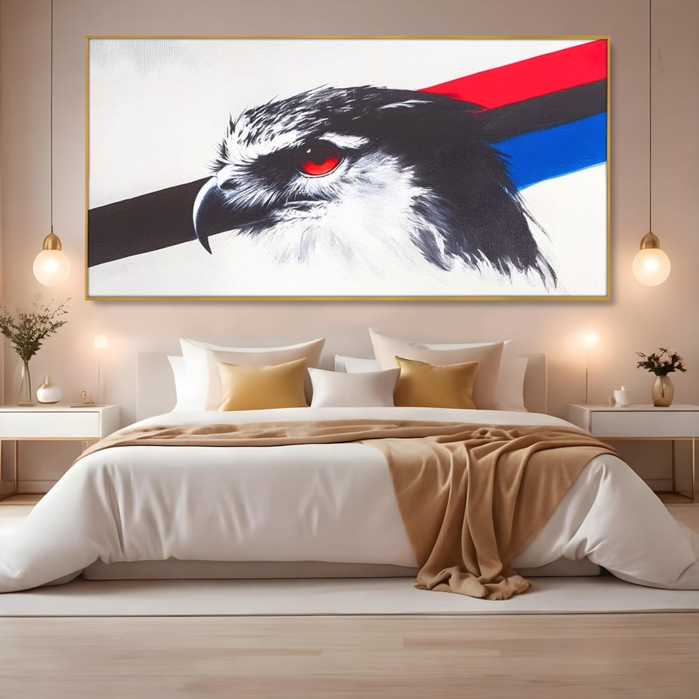 Tablou Canvas Premium, LuxCanva® M1098, Instinct Rosu, Vultur, Zbor, Ochi, Grafic, Modern, Privire, Linie, Design, Curaj, Intens, Contrast, Pasare, Birou, Living, Camera Copil