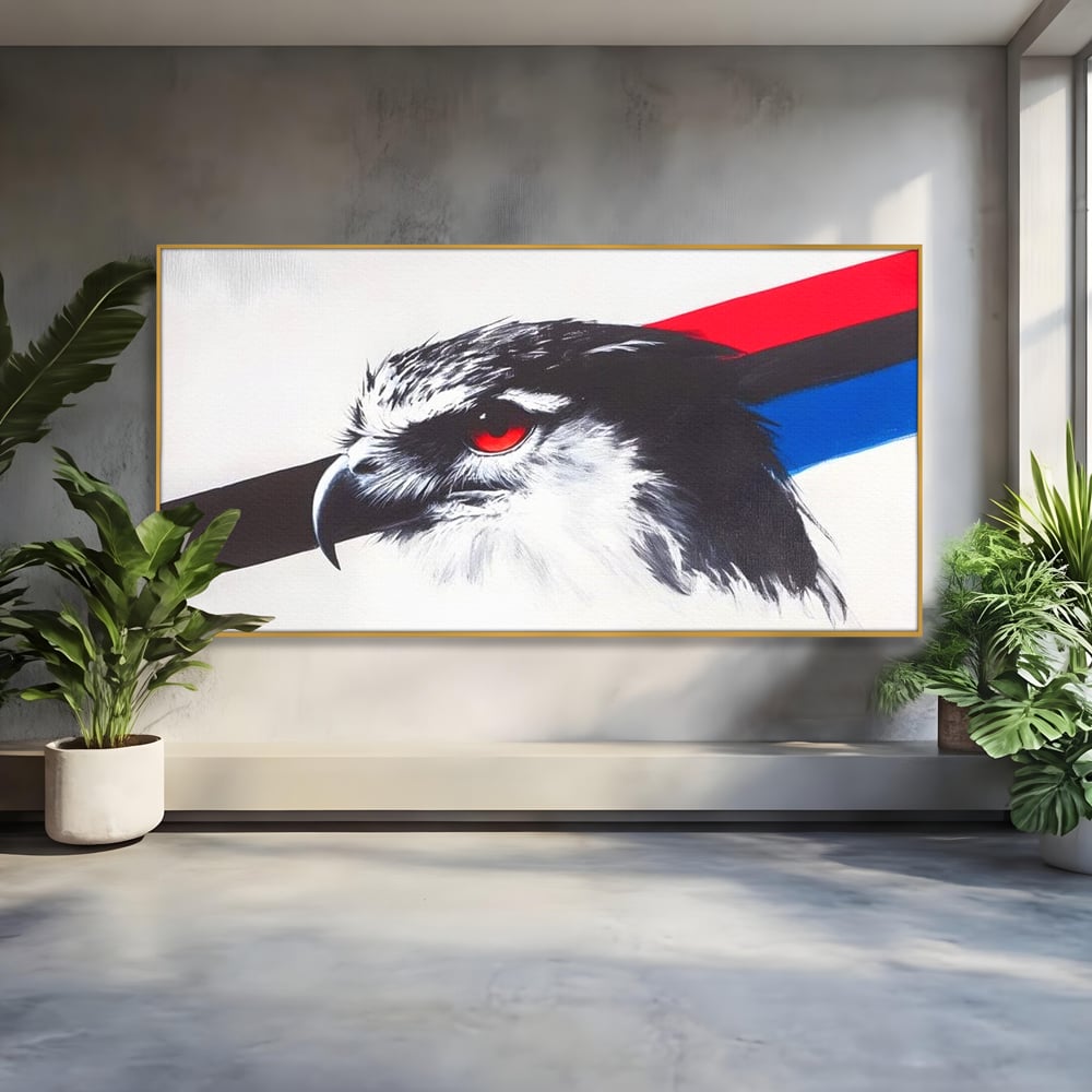 Tablou Canvas Premium, LuxCanva® M1098, Instinct Rosu, Vultur, Zbor, Ochi, Grafic, Modern, Privire, Linie, Design, Curaj, Intens, Contrast, Pasare, Birou, Living, Camera Copil