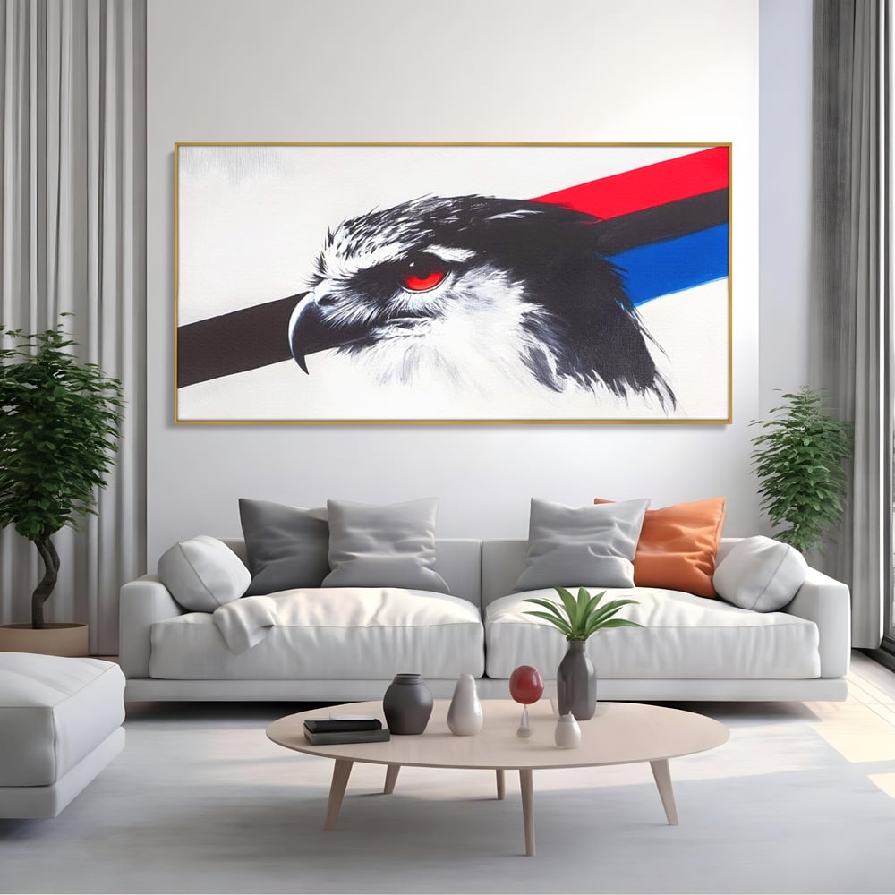 Tablou Canvas Premium, LuxCanva® M1098, Instinct Rosu, Vultur, Zbor, Ochi, Grafic, Modern, Privire, Linie, Design, Curaj, Intens, Contrast, Pasare, Birou, Living, Camera Copil
