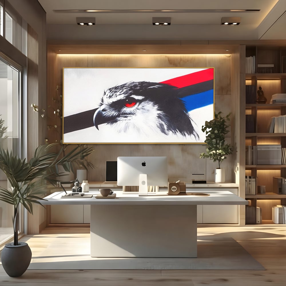 Tablou Canvas Premium, LuxCanva® M1098, Instinct Rosu, Vultur, Zbor, Ochi, Grafic, Modern, Privire, Linie, Design, Curaj, Intens, Contrast, Pasare, Birou, Living, Camera Copil