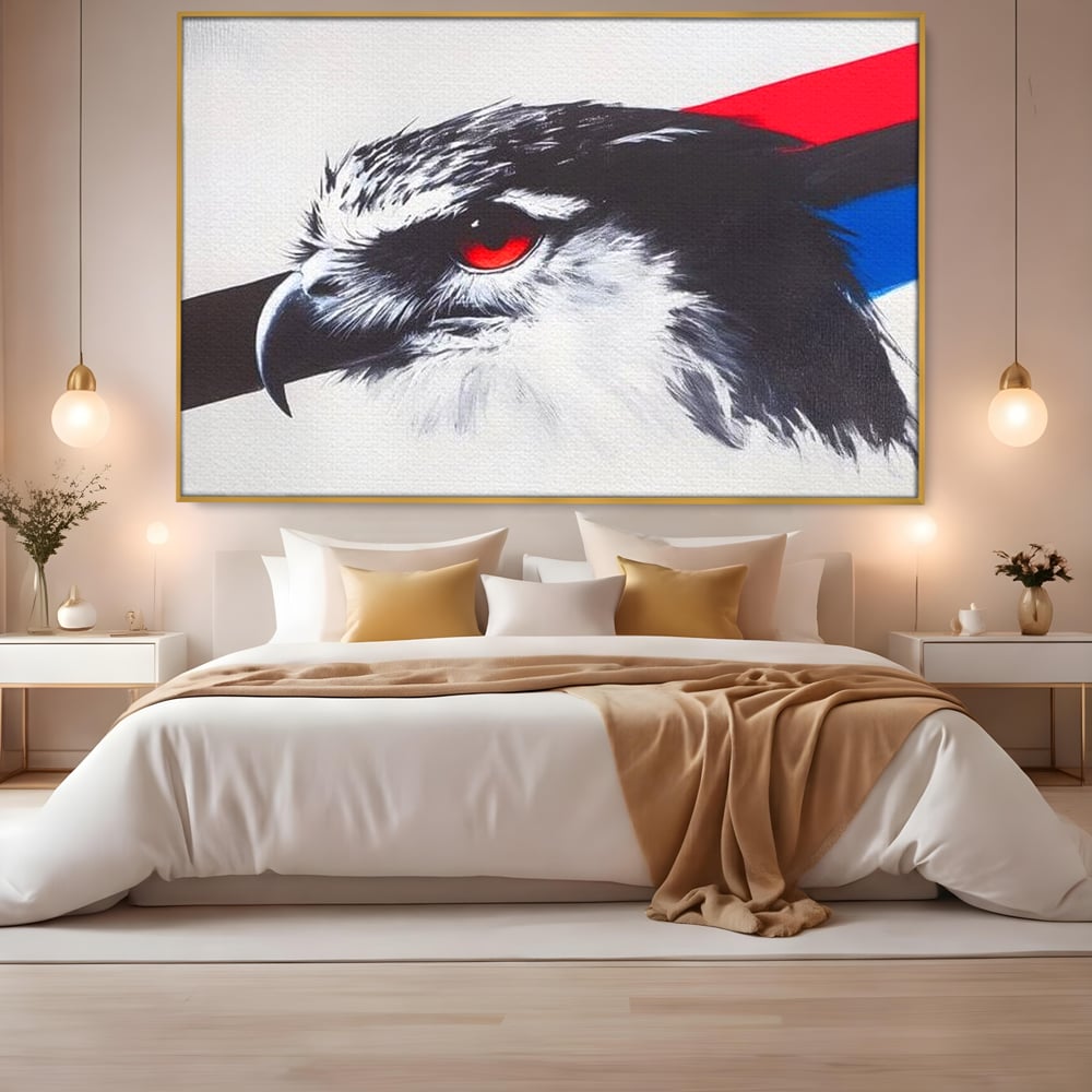 Tablou Canvas Premium, LuxCanva® M1098, Instinct Rosu, Vultur, Zbor, Ochi, Grafic, Modern, Privire, Linie, Design, Curaj, Intens, Contrast, Pasare, Birou, Living, Camera Copil