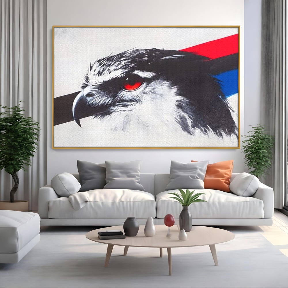 Tablou Canvas Premium, LuxCanva® M1098, Instinct Rosu, Vultur, Zbor, Ochi, Grafic, Modern, Privire, Linie, Design, Curaj, Intens, Contrast, Pasare, Birou, Living, Camera Copil