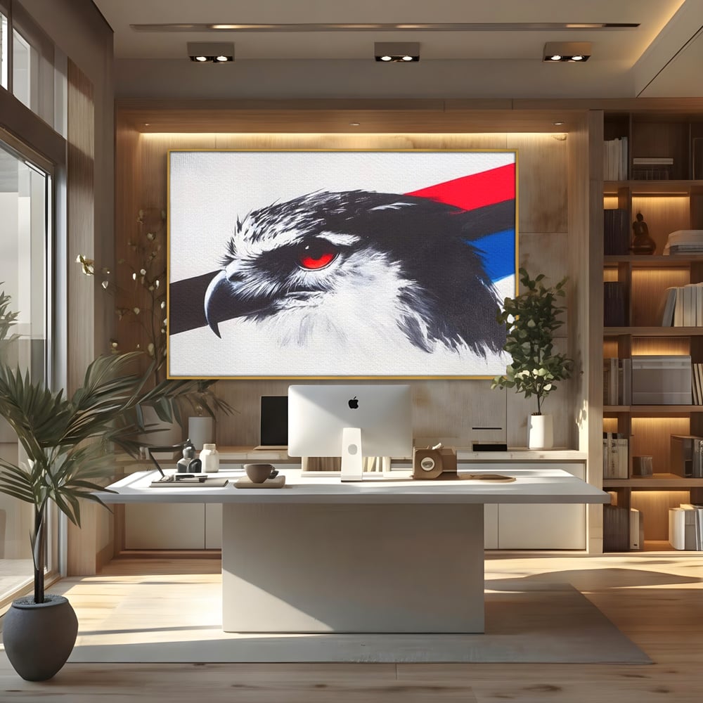 Tablou Canvas Premium, LuxCanva® M1098, Instinct Rosu, Vultur, Zbor, Ochi, Grafic, Modern, Privire, Linie, Design, Curaj, Intens, Contrast, Pasare, Birou, Living, Camera Copil