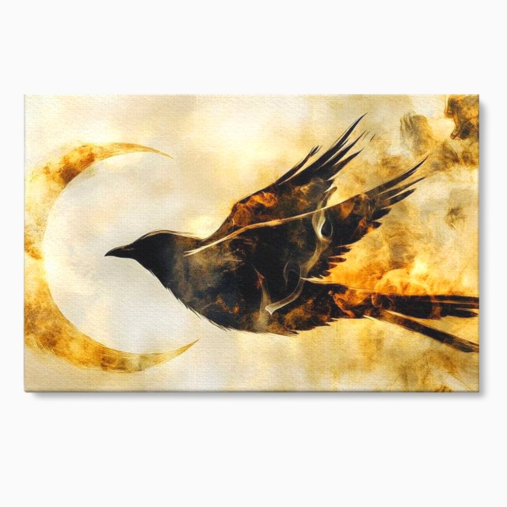 Tablou Canvas Premium, LuxCanva® M1099, Zbor printre Flacari, Semiluna, Corb, Zbor, Flacara, Foc, Cenusa, Magie, Silueta, Simbol, Spirit, Birou, Living, Camera Copil