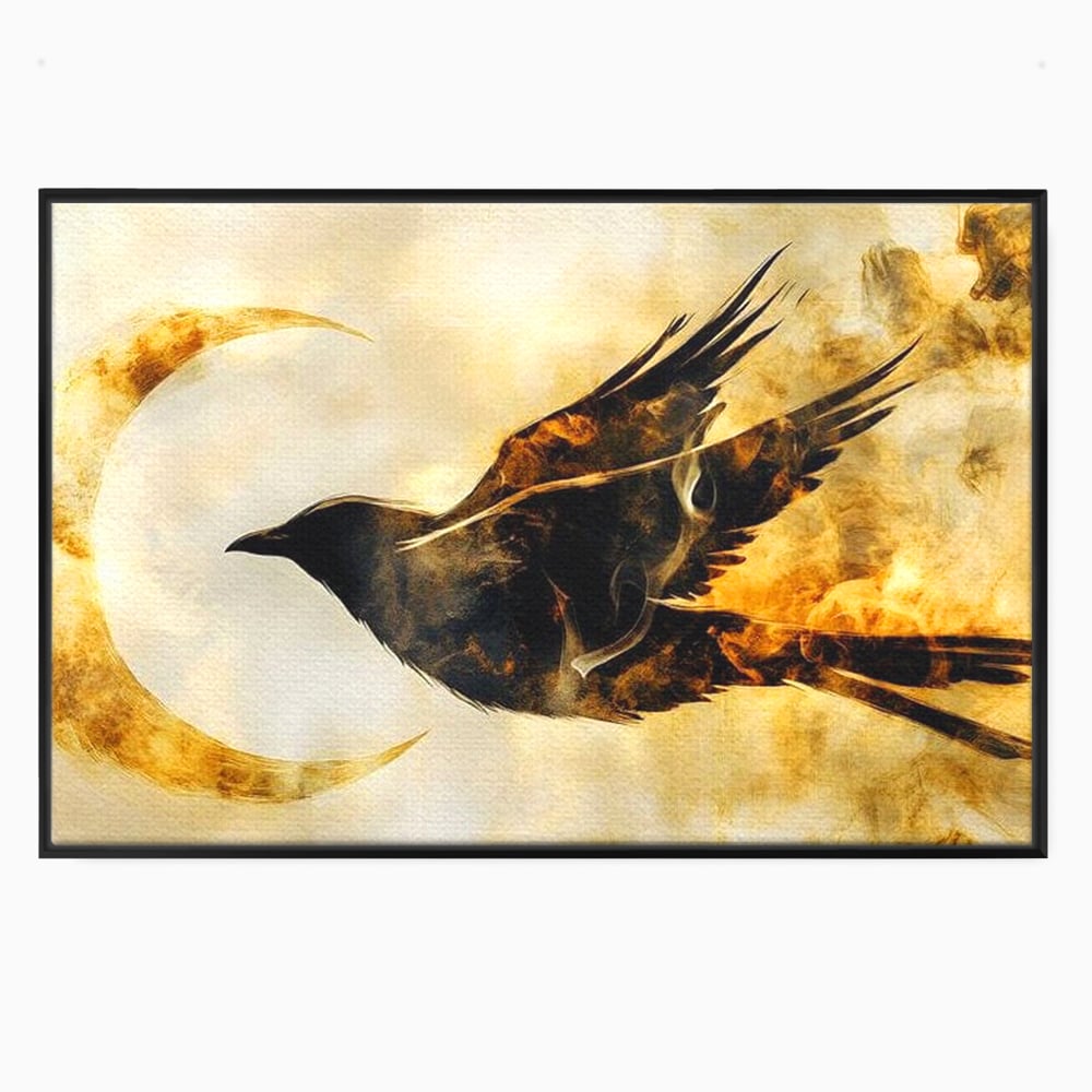 Tablou Canvas Premium, LuxCanva® M1099, Zbor printre Flacari, Semiluna, Corb, Zbor, Flacara, Foc, Cenusa, Magie, Silueta, Simbol, Spirit, Birou, Living, Camera Copil