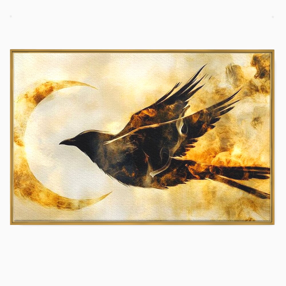 Tablou Canvas Premium, LuxCanva® M1099, Zbor printre Flacari, Semiluna, Corb, Zbor, Flacara, Foc, Cenusa, Magie, Silueta, Simbol, Spirit, Birou, Living, Camera Copil