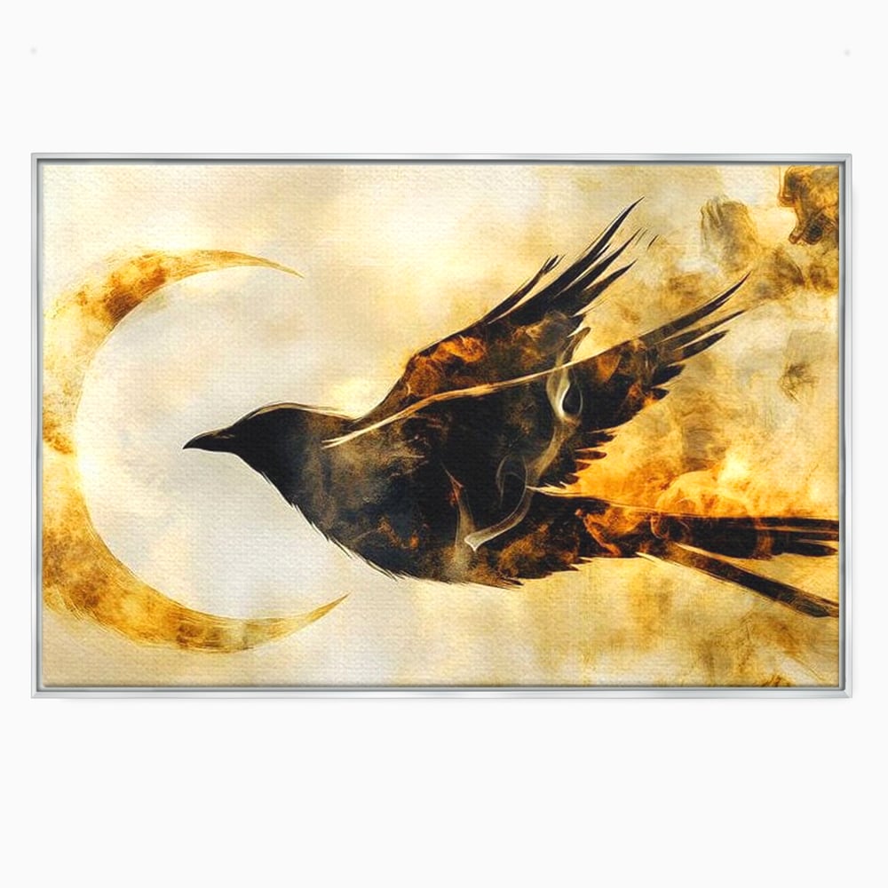 Tablou Canvas Premium, LuxCanva® M1099, Zbor printre Flacari, Semiluna, Corb, Zbor, Flacara, Foc, Cenusa, Magie, Silueta, Simbol, Spirit, Birou, Living, Camera Copil