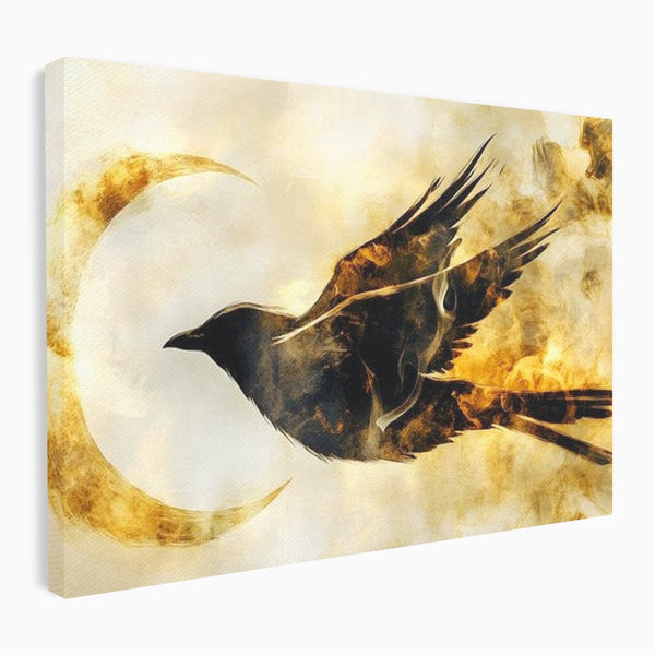 Tablou Canvas Premium, LuxCanva® M1099, Zbor printre Flacari, Semiluna, Corb, Zbor, Flacara, Foc, Cenusa, Magie, Silueta, Simbol, Spirit, Birou, Living, Camera Copil