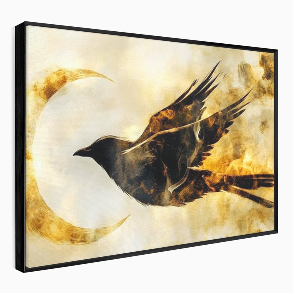 Tablou Canvas Premium, LuxCanva® M1099, Zbor printre Flacari, Semiluna, Corb, Zbor, Flacara, Foc, Cenusa, Magie, Silueta, Simbol, Spirit, Birou, Living, Camera Copil