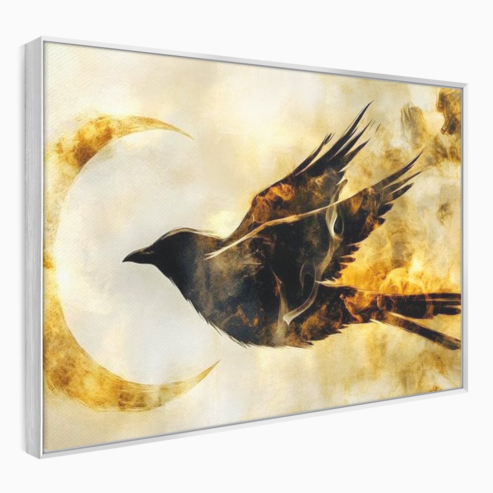 Tablou Canvas Premium, LuxCanva® M1099, Zbor printre Flacari, Semiluna, Corb, Zbor, Flacara, Foc, Cenusa, Magie, Silueta, Simbol, Spirit, Birou, Living, Camera Copil
